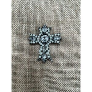 Vintage Rhinestone and Pearl Maltese Cross Brooch Pin Silver Black Antique